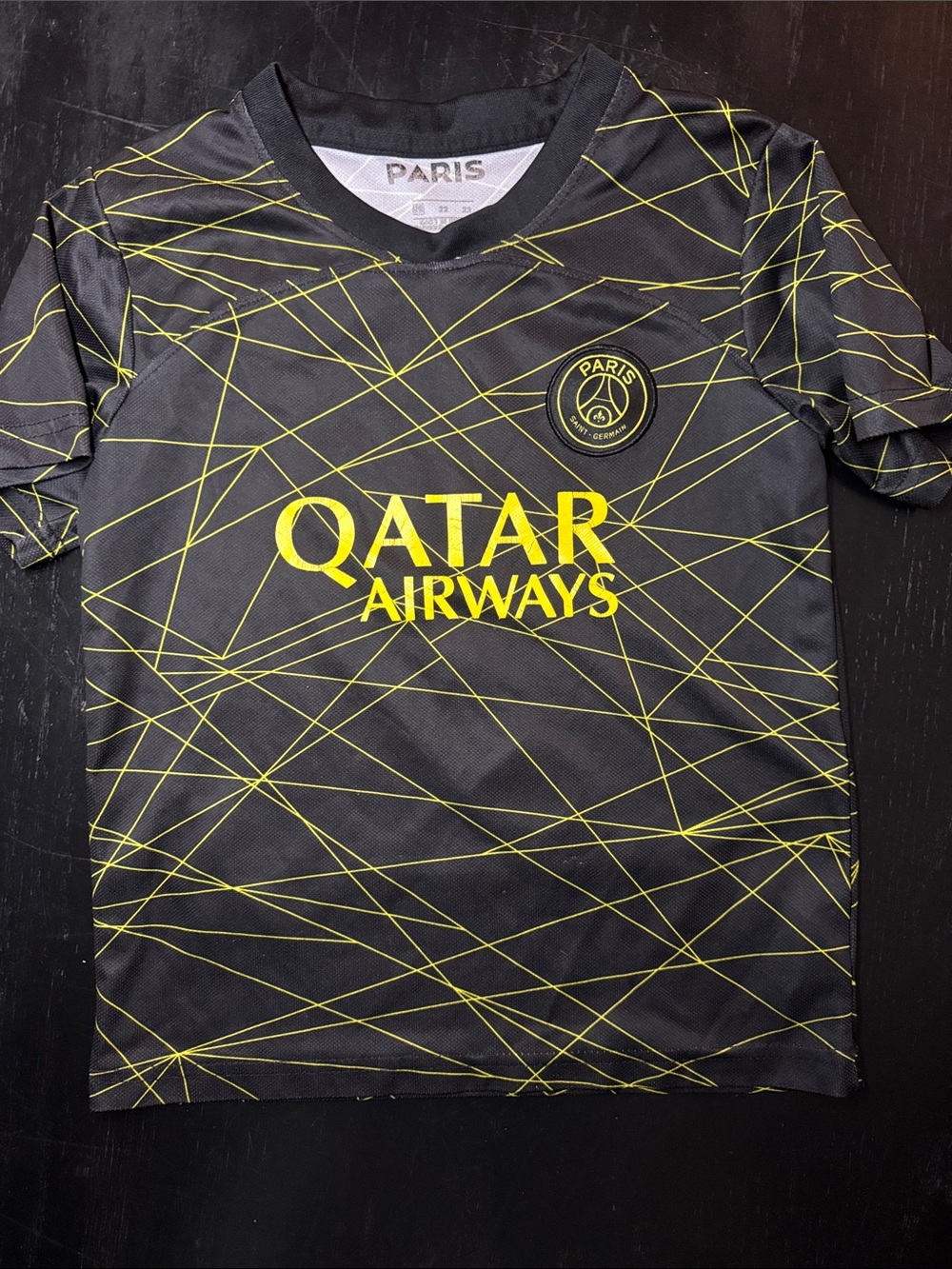 Paris MBAPPE Black Jersey with Neon Yellow Graphic Lines size small